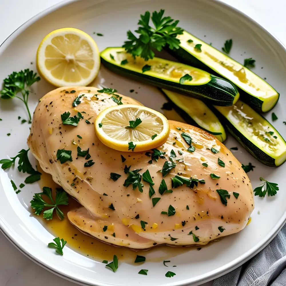 Juicy lemon herb chicken breasts served on a white plate with steamed zucchini and parsley garnish. Minimal, clean plating. American-style lunch.

