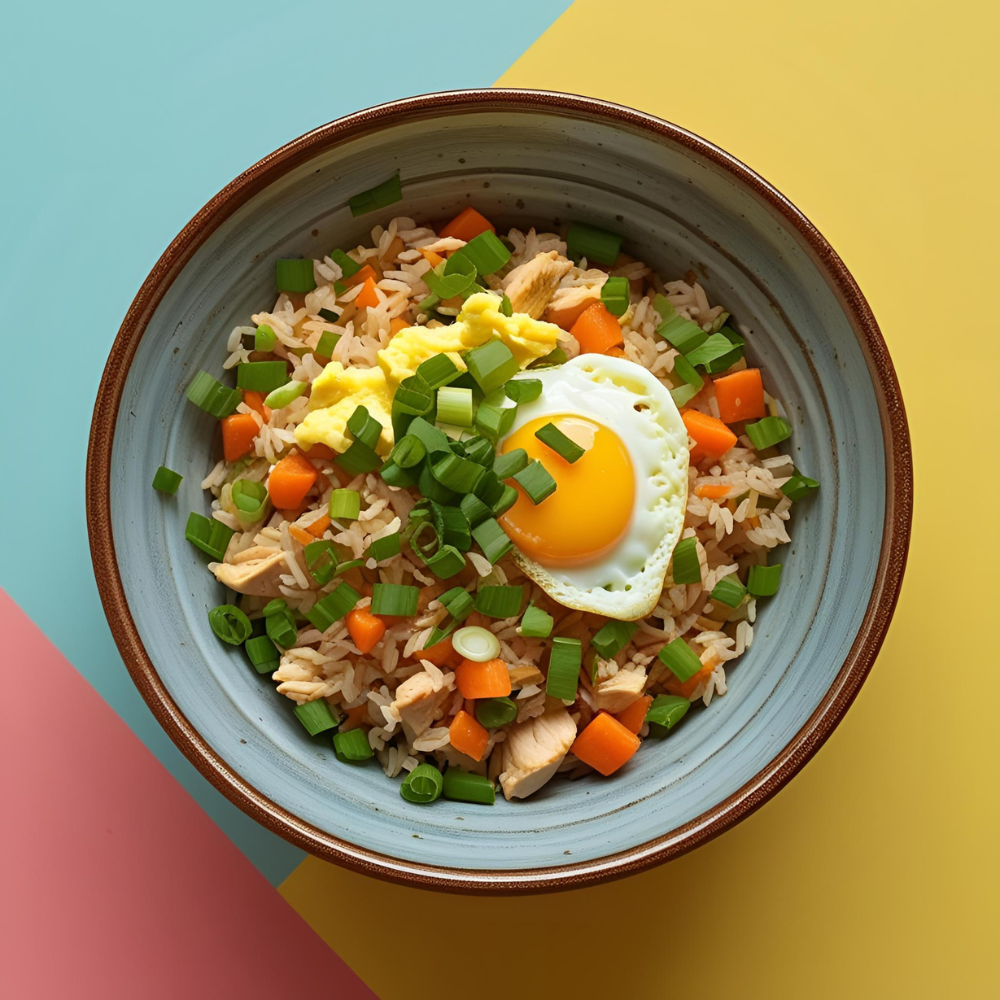 Low FODMAP chicken fried rice in a ceramic bowl, with chopped green onion tops, scrambled egg, and diced carrots. Colorful, clean background.

