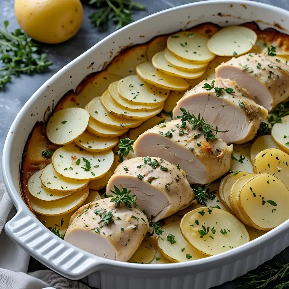 Low FODMAP chicken and thinly sliced potatoes layered in a casserole dish, baked until golden. Sprinkled with herbs. Warm, homestyle feel.

