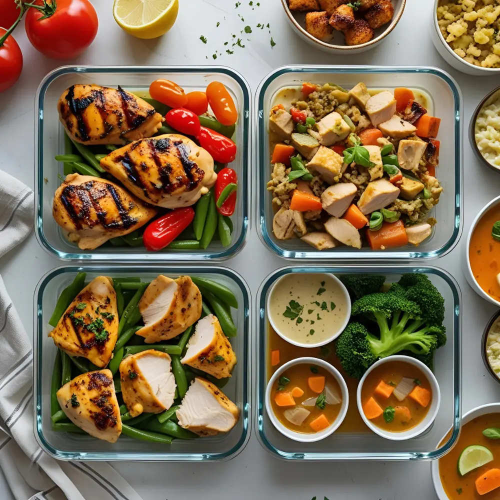 4 glass meal prep containers filled with different low FODMAP chicken recipes: grilled, stir-fry, casserole, and soup. Top-down view, organized, clean kitchen counter.


