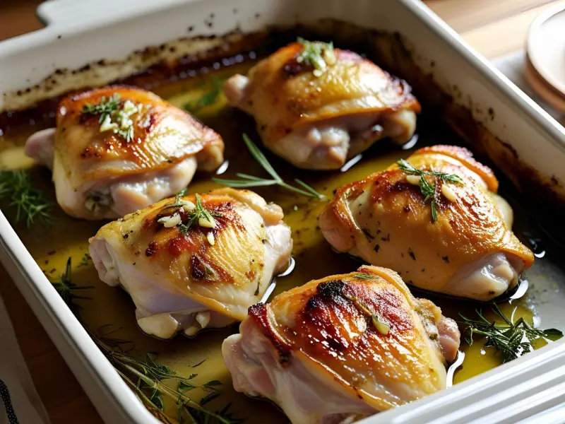 Oven-roasted chicken thighs in a baking dish with crispy golden skin, seasoned with herbs and garlic-infused oil. Cozy kitchen background, warm tones.

