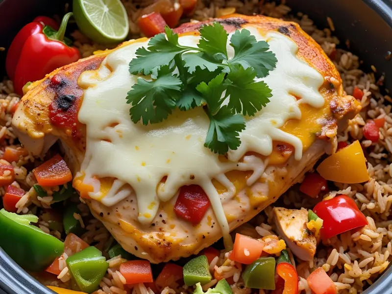 Colorful low FODMAP Mexican-style chicken casserole with rice, bell peppers, and lactose-free cheese melted on top. Spiced but simple. American Southwest vibe.

