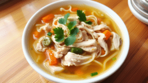 homemade chicken noodle soup with a whole chicken