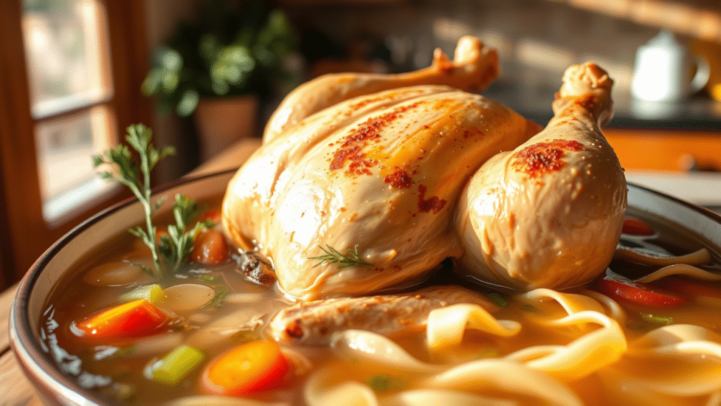 homemade chicken noodle soup with a whole chicken