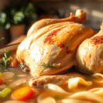 homemade chicken noodle soup with a whole chicken