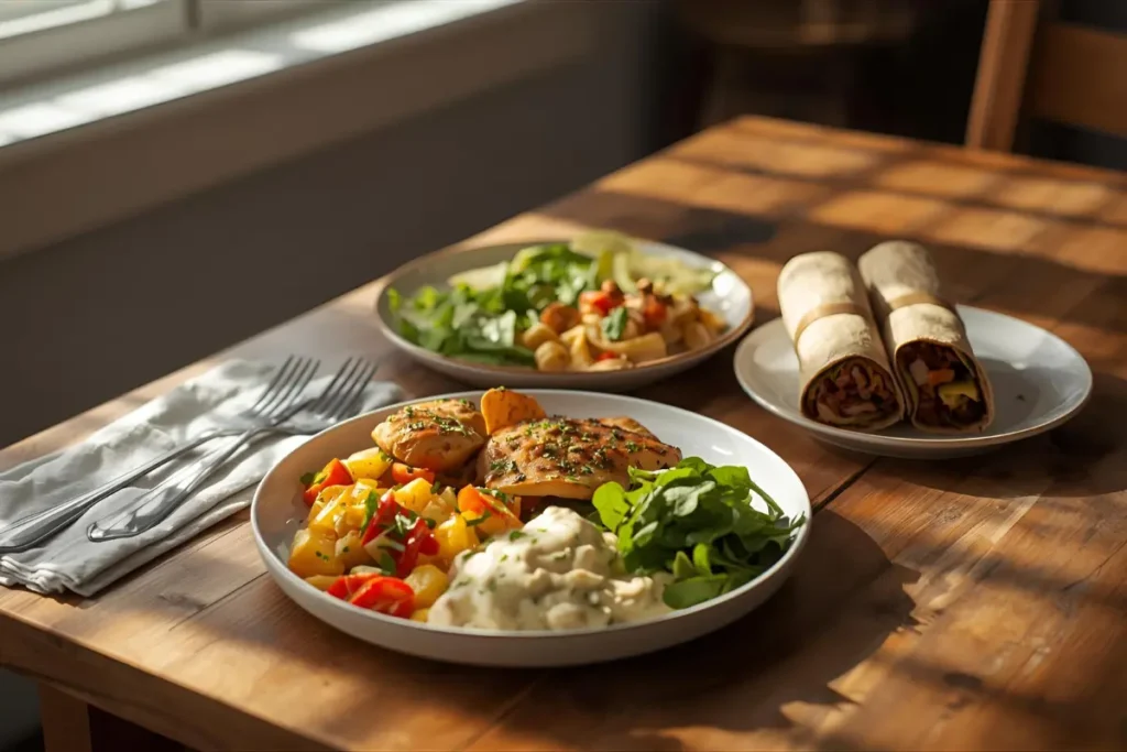 10 minute family meals with chicken, pasta, and wraps on kitchen table