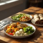 10 minute family meals with chicken, pasta, and wraps on kitchen table