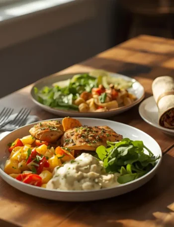 10 minute family meals with chicken, pasta, and wraps on kitchen table