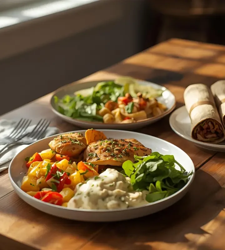 10 minute family meals with chicken, pasta, and wraps on kitchen table