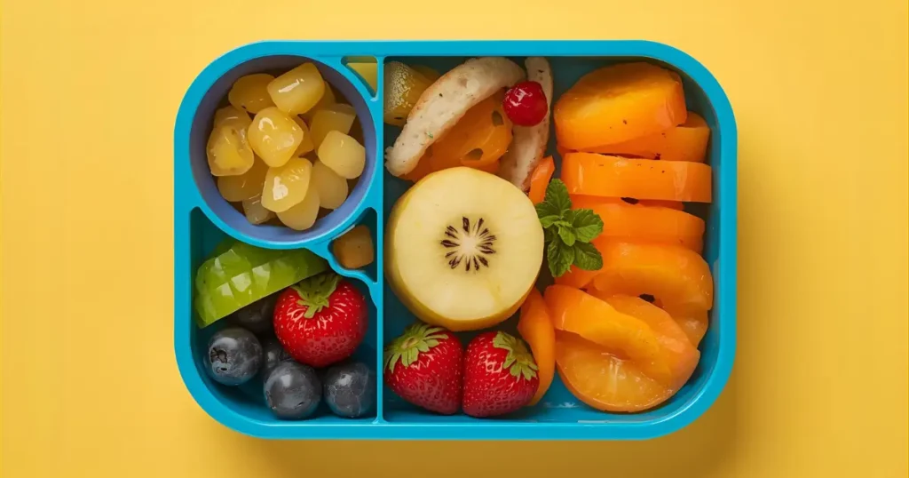 Alt Text: Healthy kids' lunchbox image featuring chicken wraps, vegetables, and fruit (Healthy Lunchbox Recipes for Kids)