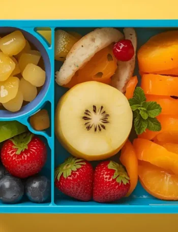 Alt Text: Healthy kids' lunchbox image featuring chicken wraps, vegetables, and fruit (Healthy Lunchbox Recipes for Kids)