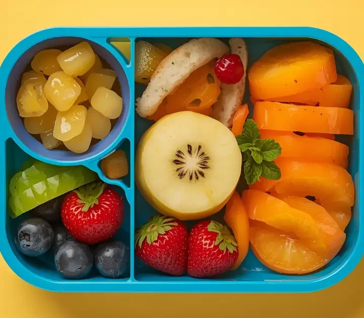 Alt Text: Healthy kids' lunchbox image featuring chicken wraps, vegetables, and fruit (Healthy Lunchbox Recipes for Kids)