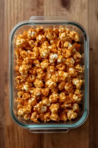 Caramel corn stored in a clear, airtight container to maintain maximum crunch and freshness.