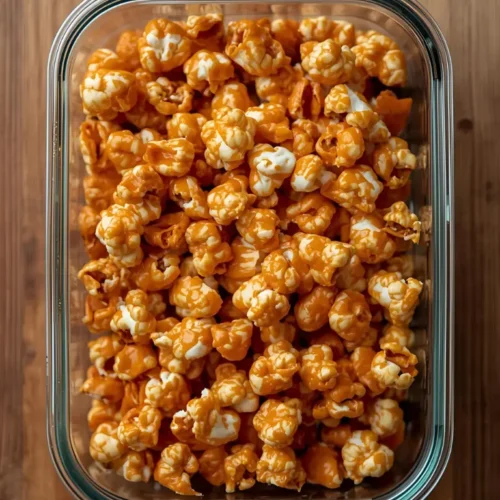 Caramel corn stored in a clear, airtight container to maintain maximum crunch and freshness.