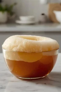 Close up of caramel mixture foaming with baking soda, a key step in the Microwave Caramel Corn Recipe.