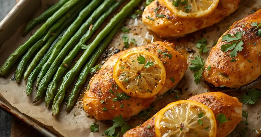 Perfectly roasted lemon garlic chicken tenderloins and green beans on a single pan (One Pan Chicken Tenderloin Recipes)