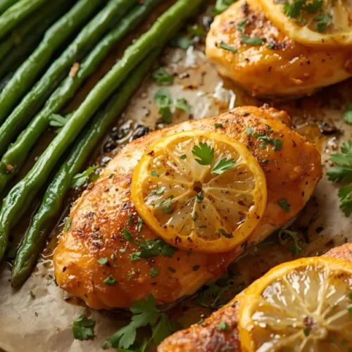 Perfectly roasted lemon garlic chicken tenderloins and green beans on a single pan (One Pan Chicken Tenderloin Recipes)