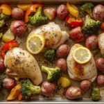 One-pan Lemon Herb Chicken and roasted vegetables ready to serve.