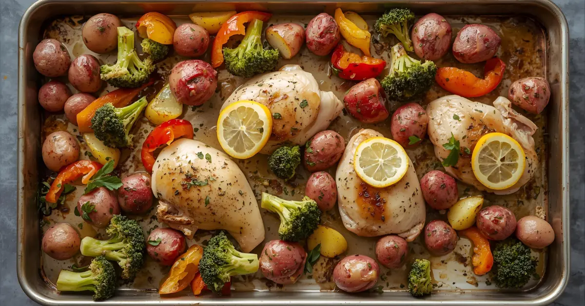 One-pan Lemon Herb Chicken and roasted vegetables ready to serve.