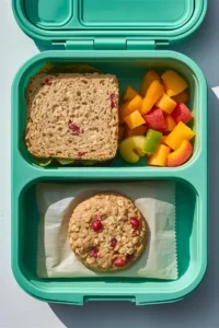 A nut-free cookie packed inside a child's school lunchbox next to fruit and vegetables.