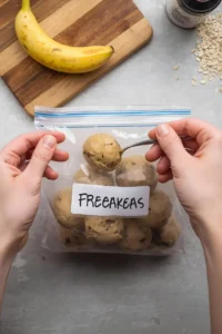Frozen cookie dough in a clear bag, demonstrating make-ahead preparation for school lunch cookies.