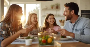 Happy family enjoying easy make ahead dinner together