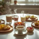 Busy mom cooking quick breakfast in kitchen – preparing smoothies and eggs
