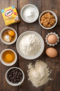 An overhead shot of organized ingredients for classic school cafeteria cookies, featuring butter, shortening, sugars, eggs, flour, and mini chocolate chips on a wooden surface.