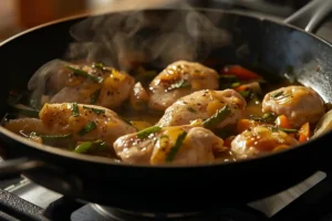 Chicken and vegetables sizzling in a pan for a 10-minute dinner