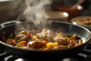 Chicken and vegetables cooking in a skillet for easy make ahead dinner