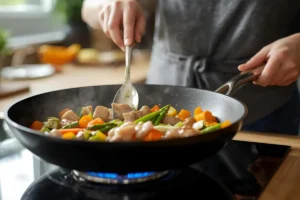 Busy mom cooking chicken and vegetables in a skillet for a quick family dinner