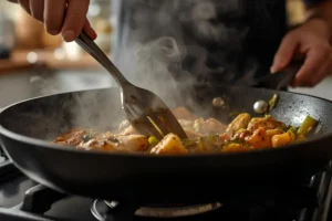Cooking chicken and vegetables in a skillet
