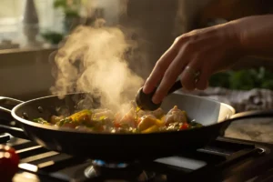 Cooking simple one-pan chicken and vegetables on the stove with olive oil and herbs.