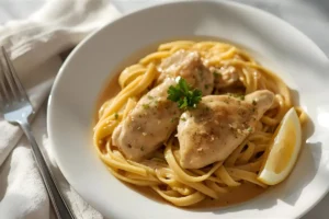 Plated creamy garlic chicken with pasta and lemon garnish