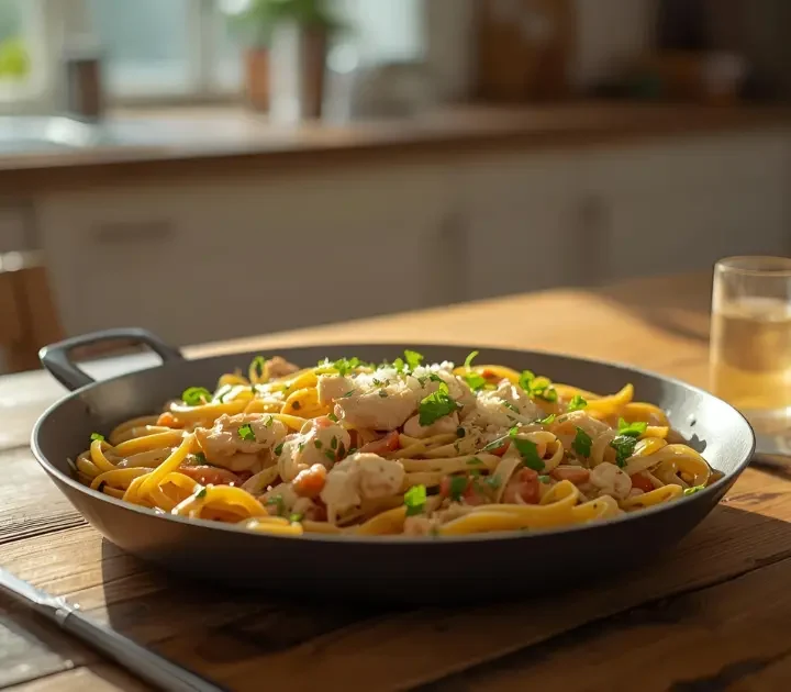 One-pan creamy chicken and vegetable pasta for busy moms, ready in 30 minutes
