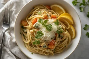 Creamy chicken and vegetable pasta served for family dinner