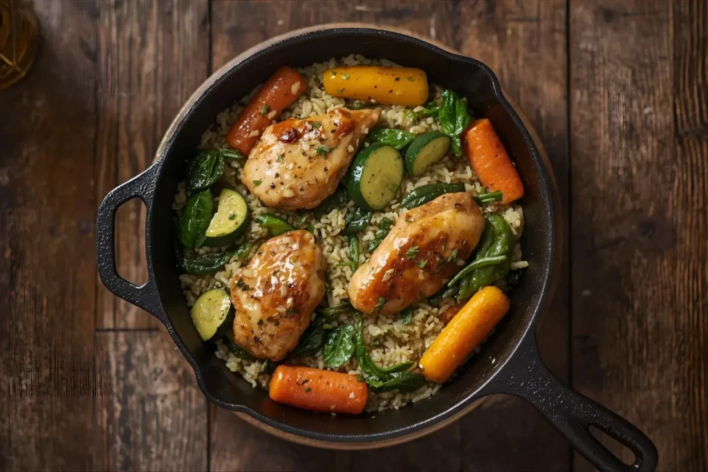 One-pot chicken and rice skillet with vegetables served in a rustic pan