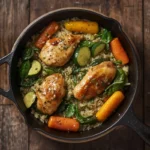 One-pot chicken and rice skillet with vegetables served in a rustic pan