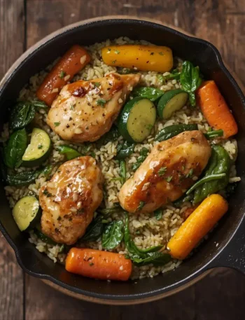 One-pot chicken and rice skillet with vegetables served in a rustic pan