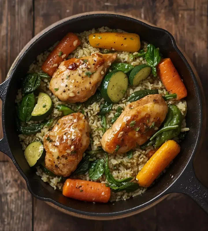 One-pot chicken and rice skillet with vegetables served in a rustic pan