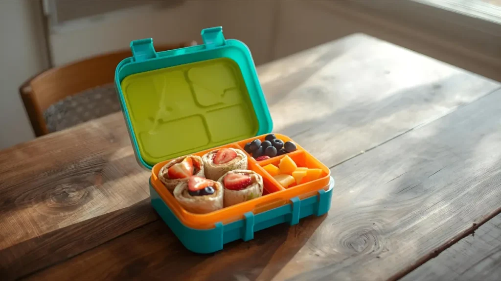 Healthy lunchbox recipes for kids – colorful school lunch with wraps, fruits, and yogurt