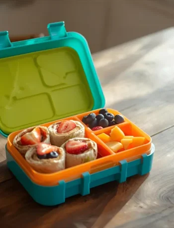 Healthy lunchbox recipes for kids – colorful school lunch with wraps, fruits, and yogurt