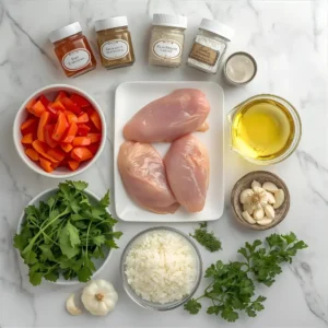 fresh ingredients for one pot chicken and rice dinner