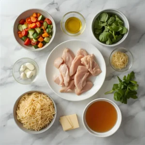 Ingredients for an easy chicken and veggie pasta — simple and healthy meal prep