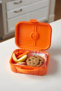 An open child's lunchbox showcasing a healthy meal with fruits, vegetables, and a prominently featured, wrapped large school cafeteria chocolate chip cookie, ready for school.