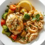 Final plated lemon herb chicken with vegetables and pasta