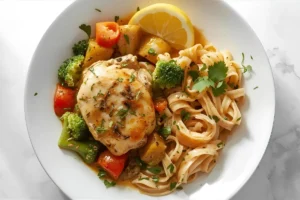 Final plated lemon herb chicken with vegetables and pasta