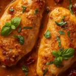 Creamy Marry Me Chicken dish with sun-dried tomatoes and fresh basil in a single skillet.