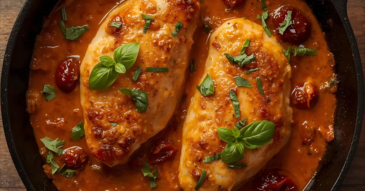 Creamy Marry Me Chicken dish with sun-dried tomatoes and fresh basil in a single skillet.