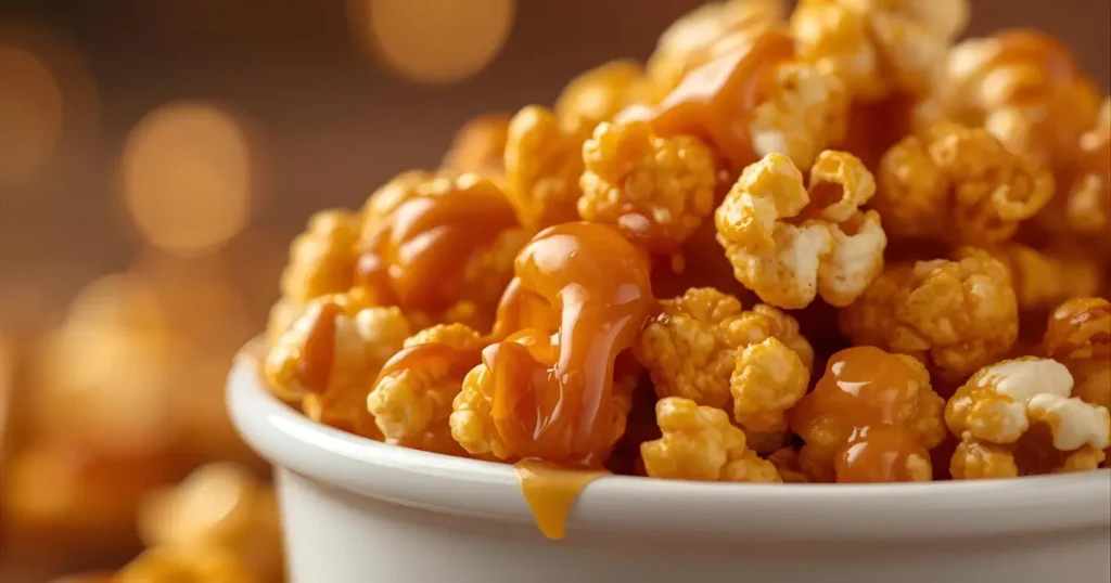 Glossy, crunchy Microwave Caramel Corn Recipe piled high in a white bowl ready for a snack (Microwave Caramel Corn Recipe)